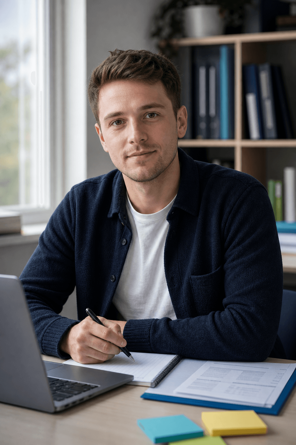 Felix Berger an einem Schreibtisch mit Unterlagen zur Facharbeit